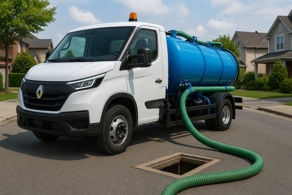 pompage de fosse dans une rue intervention avec mini camion de pompage pour fosse septique dans une zone pavillonnaire